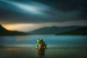 une grenouille séance sur le rive de une lac. généré par ai photo