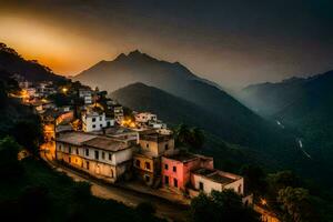 une village dans le montagnes à le coucher du soleil. généré par ai photo