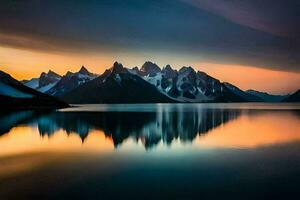 le montagnes sont réfléchi dans le l'eau à le coucher du soleil. généré par ai photo