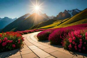 le Soleil brille plus de une chemin de premier plan à une champ de fleurs. généré par ai photo