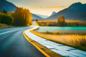 une route dans le montagnes avec une le coucher du soleil dans le Contexte. généré par ai photo