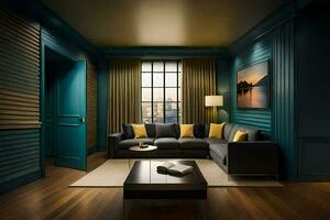 une vivant pièce avec bleu des murs et bois étages. généré par ai photo