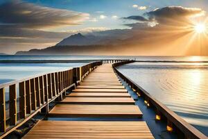 une en bois passerelle pistes à le océan à le coucher du soleil. généré par ai photo