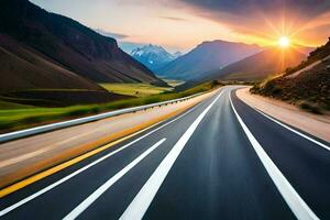 une route avec le Soleil réglage dans le distance. généré par ai photo