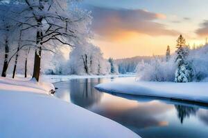 hiver paysage avec neige couvert des arbres et rivière. généré par ai photo