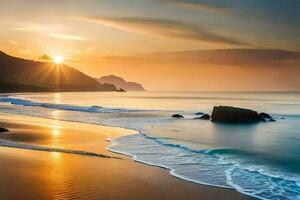 le Soleil monte plus de le océan et vagues sur une plage. généré par ai photo