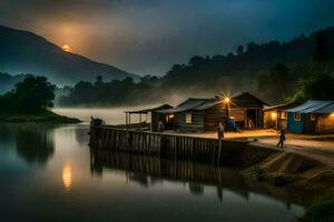 une petit village est assis sur le rive de une rivière avec une plein lune. généré par ai photo