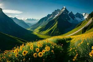 le tournesol champ dans le montagnes. généré par ai photo