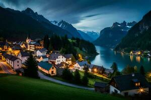 une village dans le montagnes à nuit. généré par ai photo