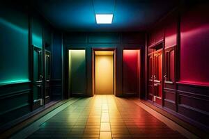 une couloir avec coloré lumières et des portes. généré par ai photo