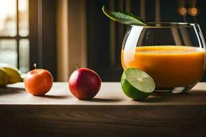 une verre de Orange jus avec pommes et citrons verts. généré par ai photo