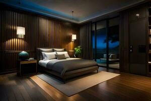 une chambre avec en bois panneaux et une lit. généré par ai photo