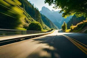 une voiture conduite vers le bas une route dans le montagnes. généré par ai photo