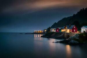 photo fond d'écran le ciel, brouillard, le mer, le côte, le Maisons, le Maisons,. généré par ai