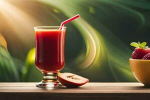 une bol de fruit et une verre de jus. généré par ai photo