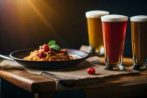 Trois bières et une assiette de spaghetti. généré par ai photo