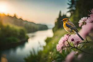 une oiseau est assis sur une fleur dans de face de une rivière. généré par ai photo