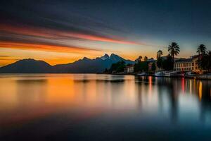 le Soleil ensembles plus de une Lac et montagnes. généré par ai photo