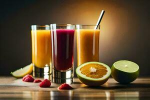 Trois des lunettes de jus avec des fraises, des oranges et framboises. généré par ai photo