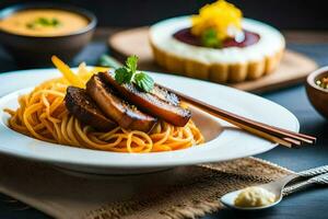 une assiette de spaghetti avec Viande et des légumes. généré par ai photo