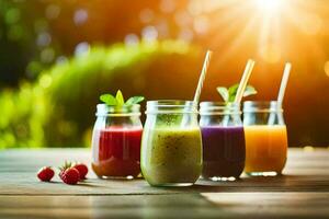 cinq différent les types de smoothies dans pots sur une tableau. généré par ai photo