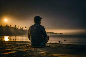 une homme séance sur le plage à le coucher du soleil. généré par ai photo