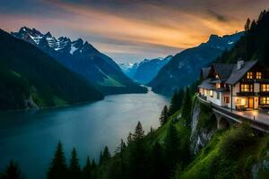 le maison sur le Montagne. généré par ai photo