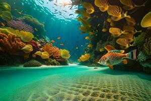 un sous-marin scène avec poisson et corail. généré par ai photo