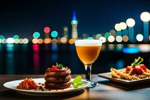 une assiette de nourriture et une verre de Bière sur une tableau. généré par ai photo