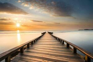 une en bois pont pistes à le océan à le coucher du soleil. généré par ai photo