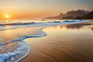 le Soleil monte plus de le océan et vagues sur le plage. généré par ai photo