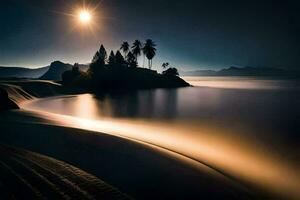 le Soleil est brillant plus de une plage à nuit. généré par ai photo