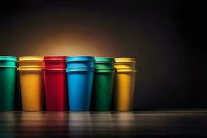 une rangée de coloré Plastique tasses sur une foncé Contexte. généré par ai photo