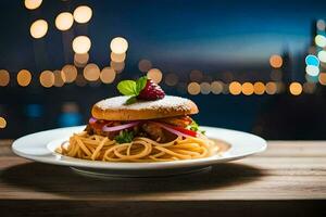 une assiette avec spaghetti et une Burger sur il. généré par ai photo