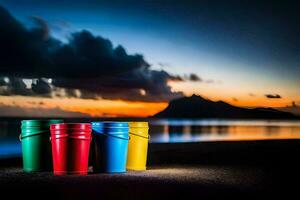 Trois coloré seaux asseoir sur le plage à le coucher du soleil. généré par ai photo