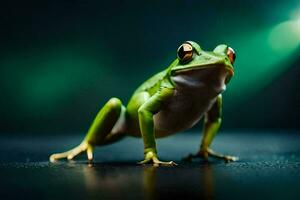 une grenouille avec brillant vert yeux permanent sur une foncé surface. généré par ai photo