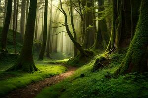 une chemin par une vert forêt avec des arbres et mousse. généré par ai photo
