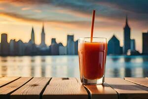 une verre de jus avec une paille sur une table dans de face de une ville ligne d'horizon. généré par ai photo