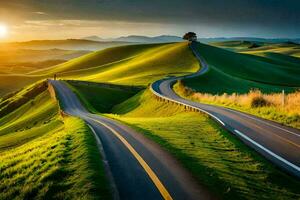 le route à le le coucher du soleil. généré par ai photo