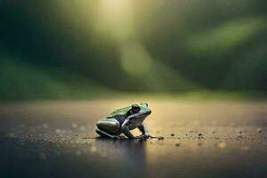 une grenouille séance sur le sol dans de face de une vert Contexte. généré par ai photo