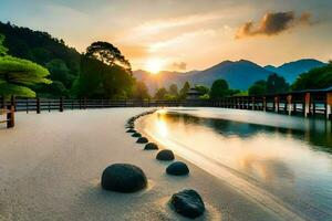 le Soleil monte plus de le montagnes et l'eau dans cette magnifique Japonais paysage. généré par ai photo