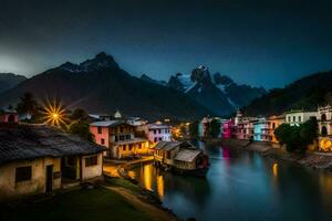 photo fond d'écran le ciel, montagnes, rivière, village, nuit, rivière, bord de la rivière, rivière. généré par ai