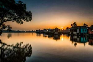 une magnifique le coucher du soleil plus de une Lac avec Maisons sur le rive. généré par ai photo