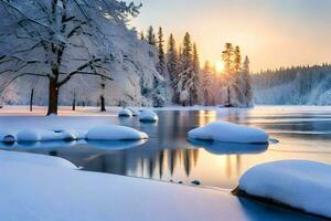 hiver paysage avec neige couvert des arbres et rochers. généré par ai photo