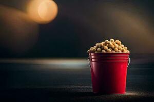 une rouge seau rempli avec cacahuètes sur une foncé Contexte. généré par ai photo