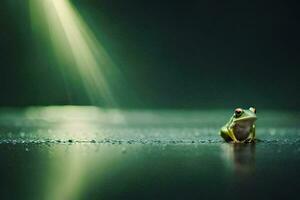 une grenouille séance sur le sol dans le sombre. généré par ai photo