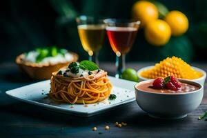 une assiette de Pâtes, une verre de du vin et une bol de fruit. généré par ai photo