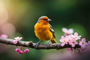 photo fond d'écran le ciel, oiseau, fleurs, printemps, le oiseau, printemps, le oiseau,. généré par ai