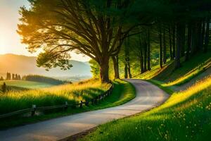 une pays route avec des arbres et herbe dans le Contexte. généré par ai photo