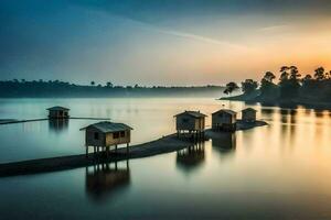 une Lac avec nombreuses petit Maisons sur il à le coucher du soleil. généré par ai photo